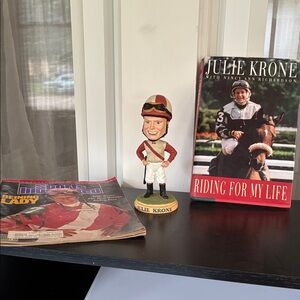 Julie Krone Bobblehead Figurine, Sports Illustrated issue, and book.